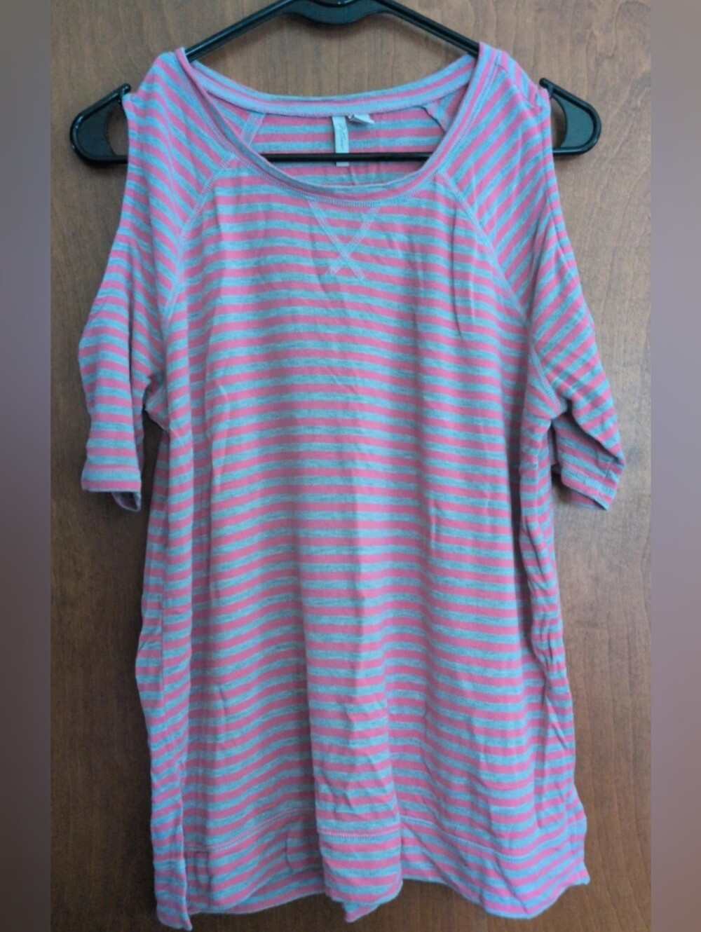 Active Basic Pink and Gray Striped Cold-Shoulder Tee